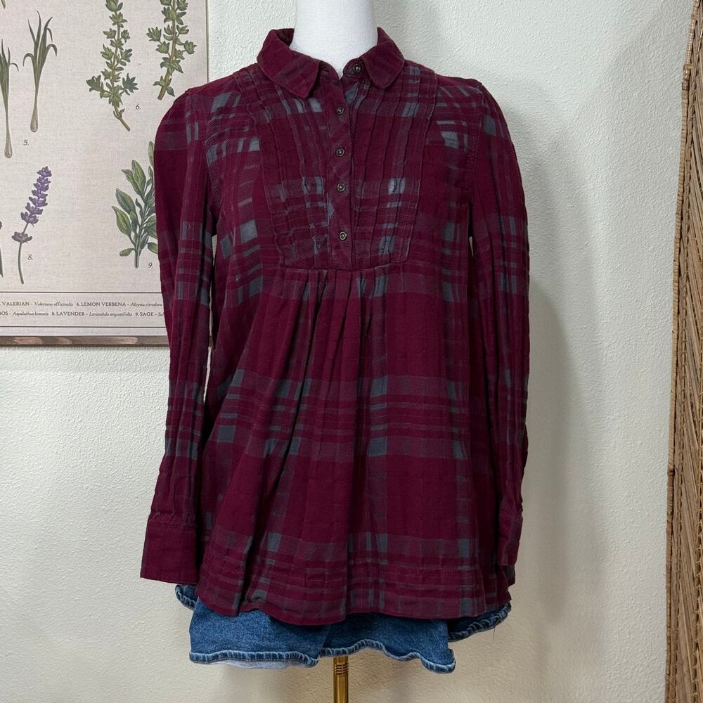 Free People Plaid Pleated Oversized Top Fairy Grunge Cottage Cabin Forest XS